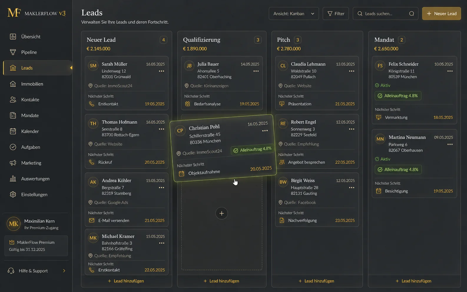 MaklerFlow Lead-Center Kanban-Board mit automatischem Lead-Scoring
